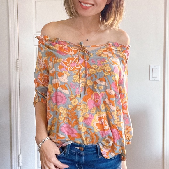 #21 Boho Floral Print Off Shoulder Blouse - Picture 7 of 15
